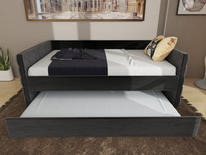 English Elm MODERN Twin Daybed with Trundle in Black Velvet Upholstery, Gold Accents, Space-Saving Guest Bed W1867S00012