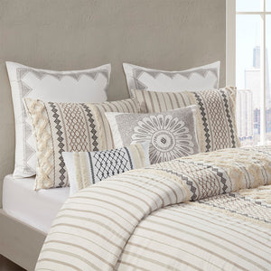 JLA Home INK+IVY - Embroidered Ivory Cotton Oblong Pillow with Geometric Chenille Fringe, Corner Tassels & Hidden Zipper II30-998