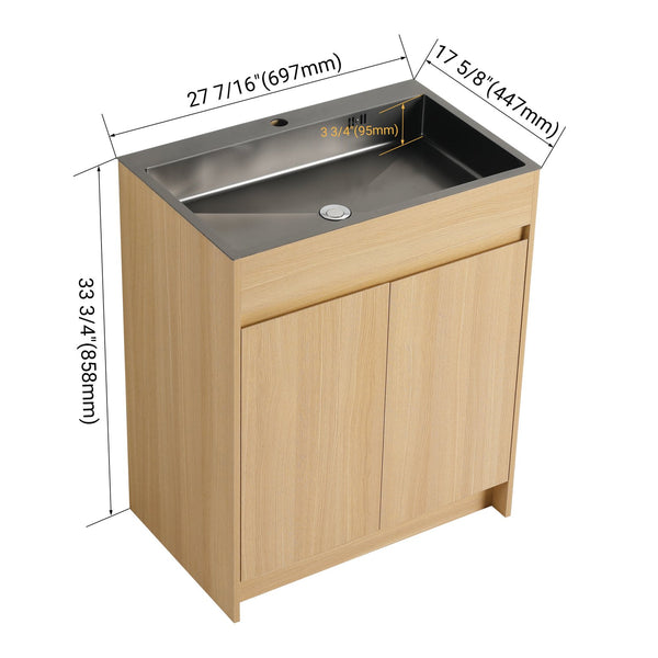 English Elm 28" Freestanding Bathroom Vanity with Gun-Gray Stainless Sink, Soft-Close Doors, Adjustable Shelves, Plywood Finish W999P376890