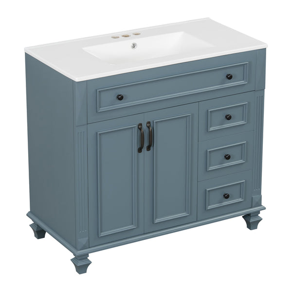 English Elm 36" Modern Bathroom Vanity with Ceramic Sink, Gold Handles, Flip-Out Drawer & Soft-Close Doors Blue Gray N725P283623C