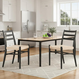 English Elm Dining Chairs with Handwoven Rope Seats and Iron Frame Mid Century Modern Set of 2 Black+Beige T3623P438618
