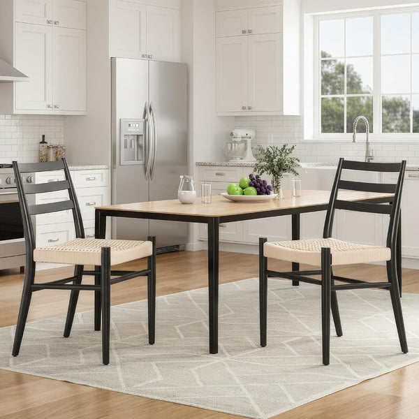English Elm Dining Chairs with Handwoven Rope Seats and Iron Frame Mid Century Modern Set of 2 Black+Beige T3623P438618