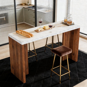 English Elm Coffee Bar Table with Faux Marble Top and Walnut Legs for Modern Home Dining T3971P454244