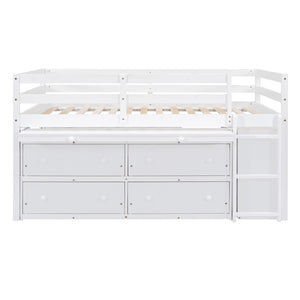 English Elm Full Size Kids Loft Bed Pinewood Frame Dual Study Desks Drawers and Open Shelving White LT000369AAK