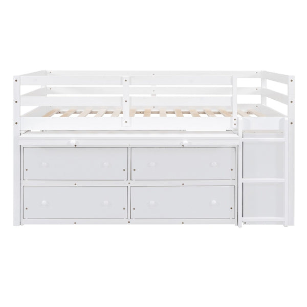 English Elm Full Size Kids Loft Bed Pinewood Frame Dual Study Desks Drawers and Open Shelving White LT000369AAK