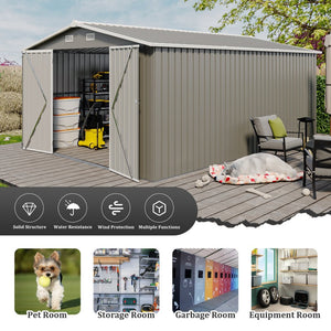 English Elm Campcraft Metal Storage Shed 10x14 Ft with Lockable Doors Vented Sloped Roof Backyard Light Gray W1598S00050