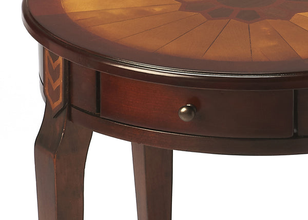 Butler Specialty Archer Round Wood Side Table With Elegant Inlay Design And Antique Brass Knob For Living Spaces Dark Brown Rubberwood Solids,Birch Veneers,Mdf 341024-butler