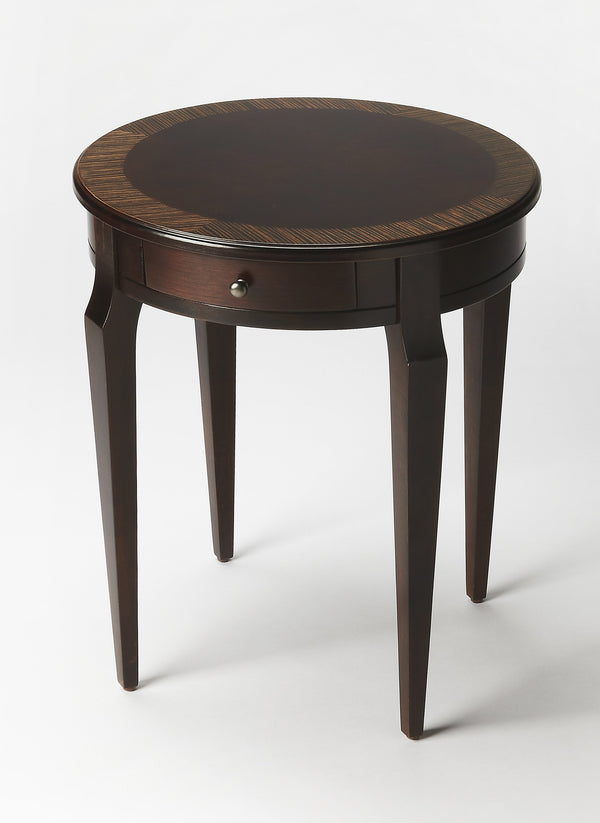 Butler Specialty Archer Round Wood Side Table With Elegant Inlay Design And Antique Brass Knob For Living Spaces Dark Brown Rubberwood Solids,Birch Veneers,Mdf 341211-butler
