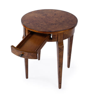 Butler Specialty Archer Round Burl Wood Side Table With Elegant Inlay Design And Antique Brass Knob For Living Spaces Light Brown Poplar Wood,Mappa Burl Veneer,Fiberboard 341442-butler