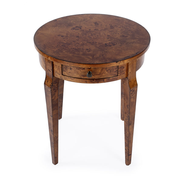 Butler Specialty Archer Round Burl Wood Side Table With Elegant Inlay Design And Antique Brass Knob For Living Spaces Light Brown Poplar Wood,Mappa Burl Veneer,Fiberboard 341442-butler