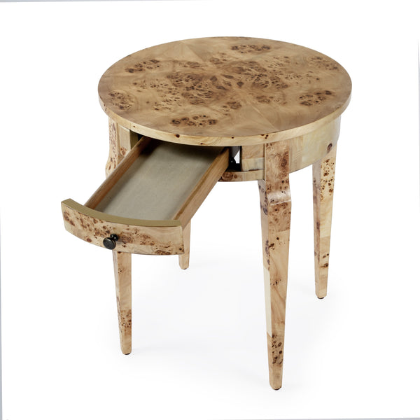 Butler Specialty Archer Round Burl Wood Side Table With Elegant Inlay Design And Antique Brass Knob For Living Spaces Medium Brown Poplar Wood,Mappa Burl Veneer,Fiberboard 341443-butler