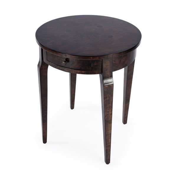 Butler Specialty Archer Round Burl Wood Side Table With Elegant Inlay Design And Antique Brass Knob For Living Spaces Dark Brown Rubberwood Solids,Birch Veneers,Mdf 341446-butler