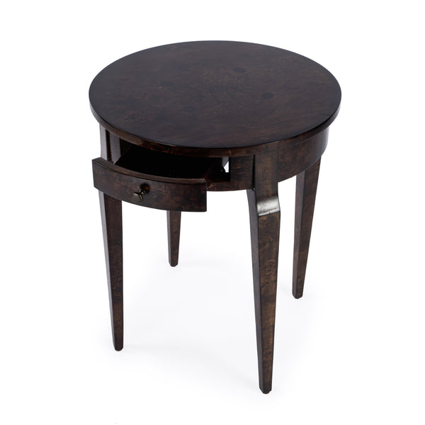 Butler Specialty Archer Round Burl Wood Side Table With Elegant Inlay Design And Antique Brass Knob For Living Spaces Dark Brown Rubberwood Solids,Birch Veneers,Mdf 341446-butler