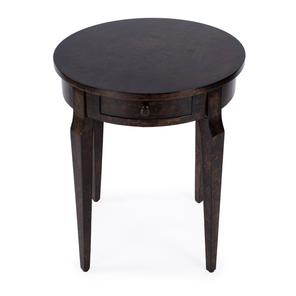 Butler Specialty Archer Round Burl Wood Side Table With Elegant Inlay Design And Antique Brass Knob For Living Spaces Dark Brown Rubberwood Solids,Birch Veneers,Mdf 341446-butler