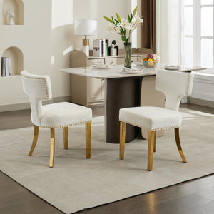 English Elm Mid Mid Century Modern Dining Chair Set with Curved Copper-Nail Backrest, High-Density Foam Seat, Brushed Stainless Legs Beige W1143P314902