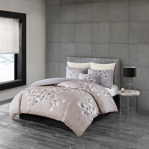 JLA Home N Natori - 3 Cotton Sateen Comforter Set with Lilac Cherry Blossom Print, OEKO‑TEX, Overfilled Hotel-Quality Luxury 96 L x 92 W x 1.5H NS10-3255