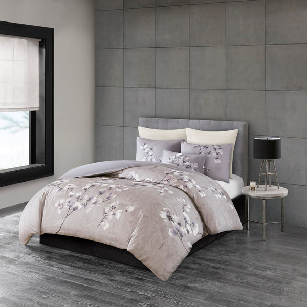 JLA Home N Natori - 3 Cotton Sateen Comforter Set with Lilac Cherry Blossom Print, OEKO‑TEX, Overfilled Hotel-Quality Luxury 96 L x 92 W x 1.5H NS10-3255