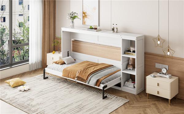 English Elm Twin Space-Saving Murphy Bed with Bookshelf and Fold-Down Desk, LVL/MDF, Compact Modern Design White GX002221AAK
