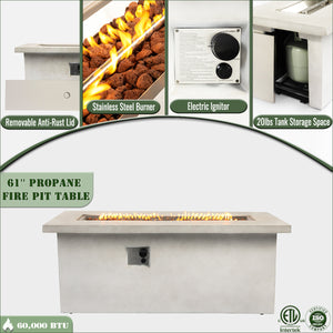 English Elm 60" 70in Concrete Propane Fire Pit Table 60000 BTU with Storage Cabinet, Pulse Ignition, Light Gray W853P202206