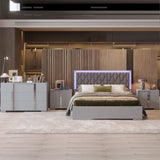 English Elm 4-Pieces Bedroom Sets Queen Size Upholstered Bed With Led Lights, Mirrored Nightstands and Dresser With Metal Handles and Legs,Grey