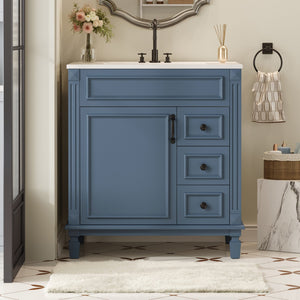 English Elm 30" French-Inspired Bathroom Vanity With Ceramic Sink, Soft-Close Drawers & Elegant Storage Solutions N710P323323C