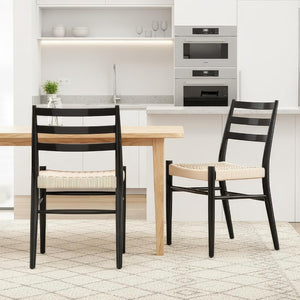 English Elm Dining Chairs with Handwoven Rope Seats and Iron Frame Mid Century Modern Set of 2 Black+Beige T3623P438618
