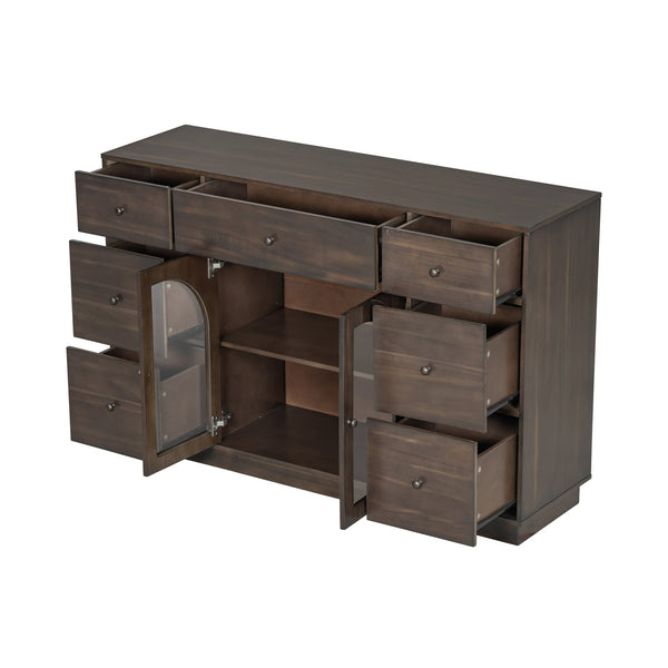 English Elm Christopher Knight Home® - Cabinet roomy storage console with 2 doors, 7 drawers, glass accents and manufactured wood build, large Dark Brown N780P330601D