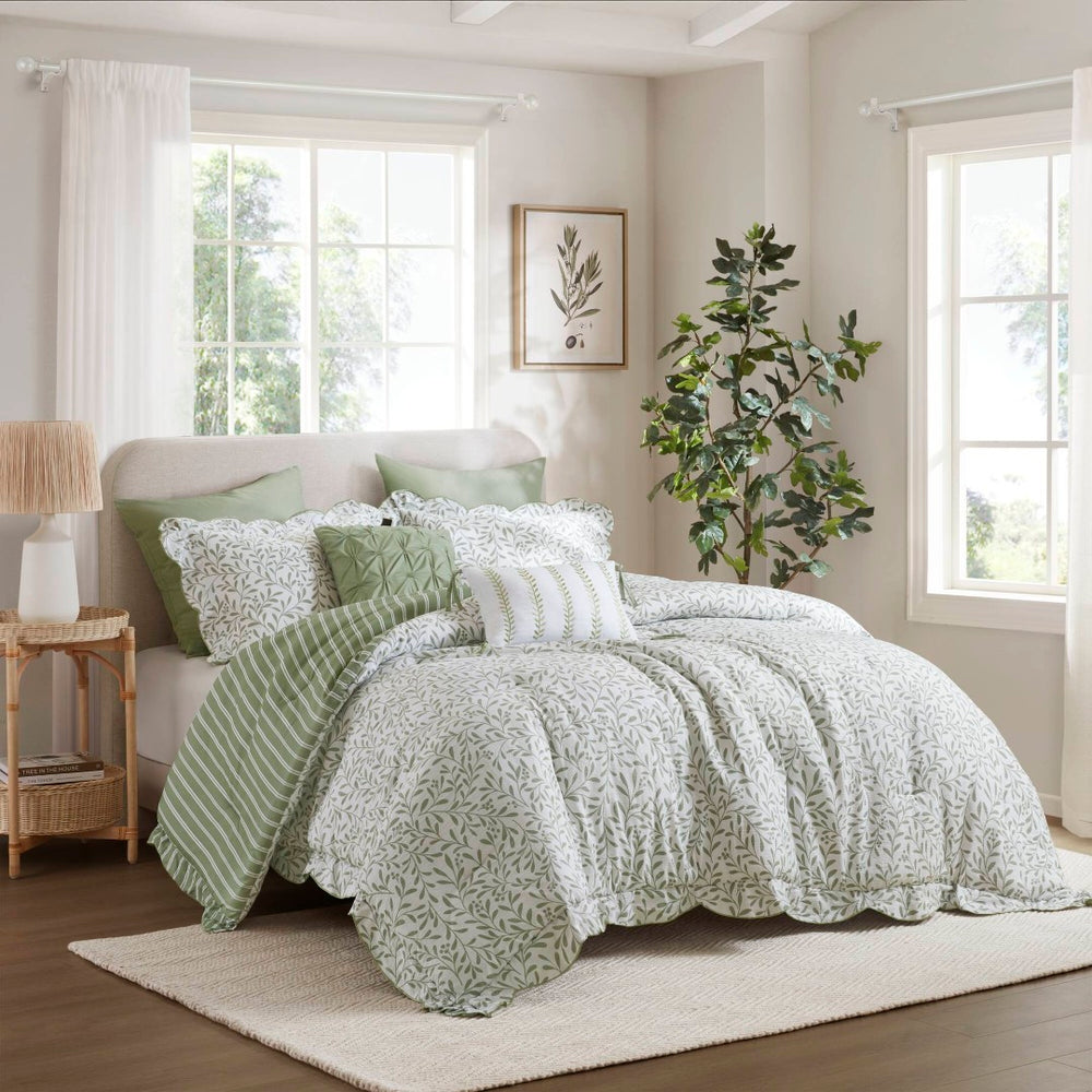 English Elm 5-piece Queen Microfiber Comforter Set Soft Printed Bedding with Decorative Pillows Sage Green B035P482936