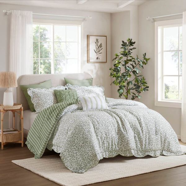 English Elm 5-piece Queen Microfiber Comforter Set Soft Printed Bedding with Decorative Pillows Sage Green B035P482936