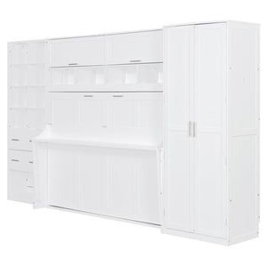 English Elm Full Size Murphy Wall Bed with Wardrobe Drawers Shelving for Studio Apartments LP000383AAK