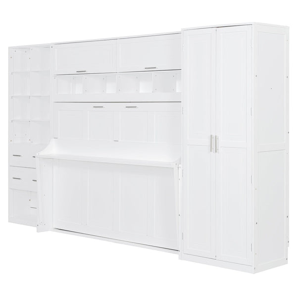 English Elm Full Size Murphy Wall Bed with Wardrobe Drawers Shelving for Studio Apartments LP000383AAK