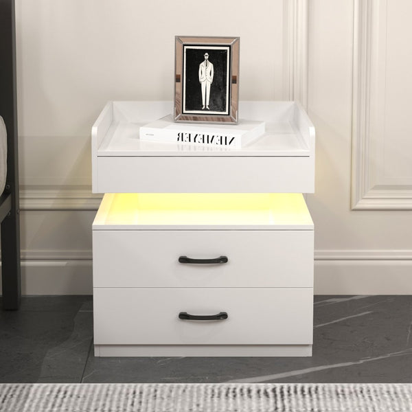 English Elm 1 Set Led Strip Nightstand with 2 Drawers Open Shelf Contemporary Bedside Storage White W578P462505