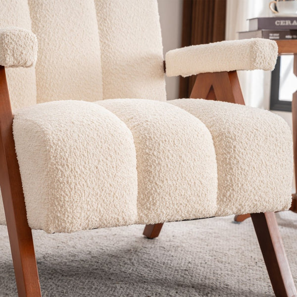 English Elm Mid-century Modern Chenille Lounge Chair Set Oak Frame Cloud Silhouette Living Room Beige W1170S00052