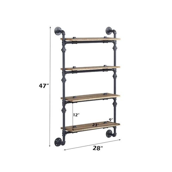 English Elm Brantley Industrial Wall Rack Four Open Shelves Oak Veneer and Sandy Black Metal Frame B2726P446701