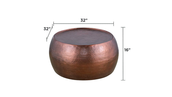 English Elm CT501 Hand-Hammered 32" Round Aluminum Coffee Table with Drum Silhouette and Timeless Texture Copper G150108434