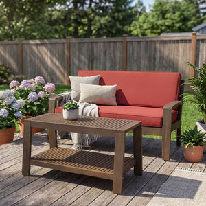 English Elm 2-piece Outdoor Acacia Wood Loveseat Set with Water-resistant Cushions for Patio Decks 57976.00SETFGRY_57976.00SETCUSH-REDSKIN
