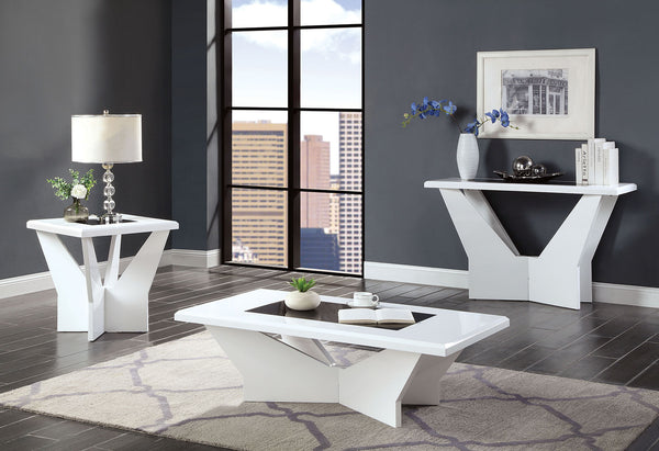 English Elm White glossy end table with geometric base and black tempered glass insert for modern statement decor White 27 L x 34 W x 6 H B2741P360140