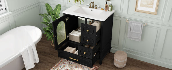 English Elm 30" Freestanding Bathroom Vanity Solid Wood Cabinet Ceramic Basin 3 Drawer Storage Black W1580P382511