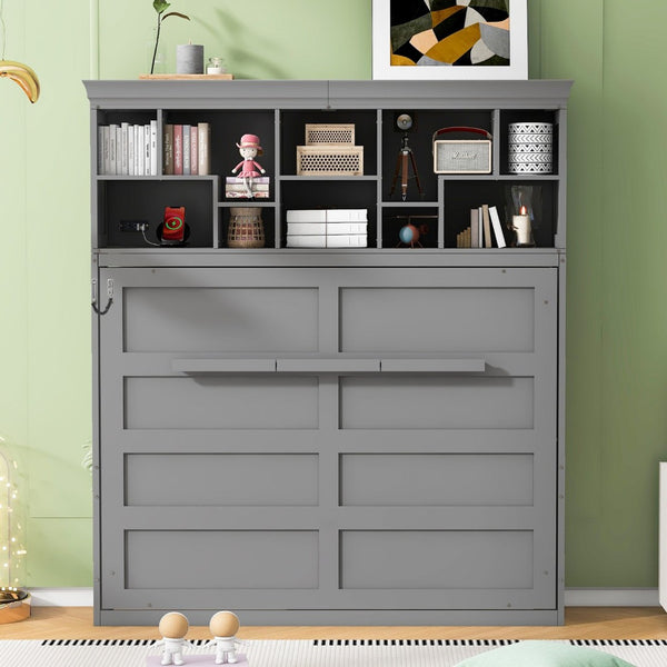 English Elm Queen Murphy Wall Bed Cabinet with Integrated Shelves Usb Charging Space Saving Design Gray LP006668AAE-1