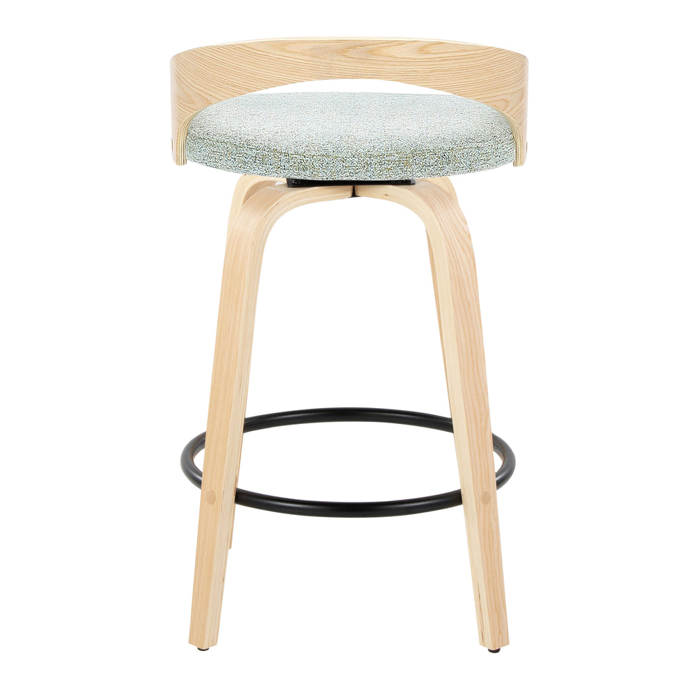 English Elm Grotto 26" Mid-Century Counter Stool Set of 2 — Swivel Green Upholstery, Wood Legs & Round Black Footrest B202S00310