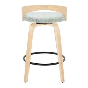 English Elm Grotto 26" Mid-Century Counter Stool Set of 2 — Swivel Green Upholstery, Wood Legs & Round Black Footrest B202S00310