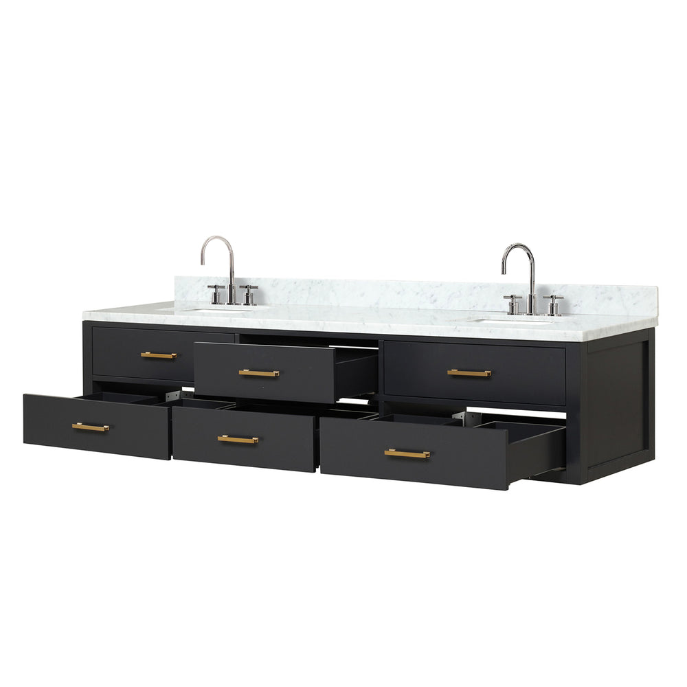 English Elm Black Double Bath Vanity 84" W x 22" D with Carrara Marble Top, Chrome Gooseneck Faucets, Soft-Close cabinetry B2731P258138