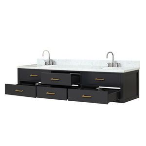 English Elm Black Double Bath Vanity 84" W x 22" D with Carrara Marble Top, Chrome Gooseneck Faucets, Soft-Close cabinetry B2731P258138