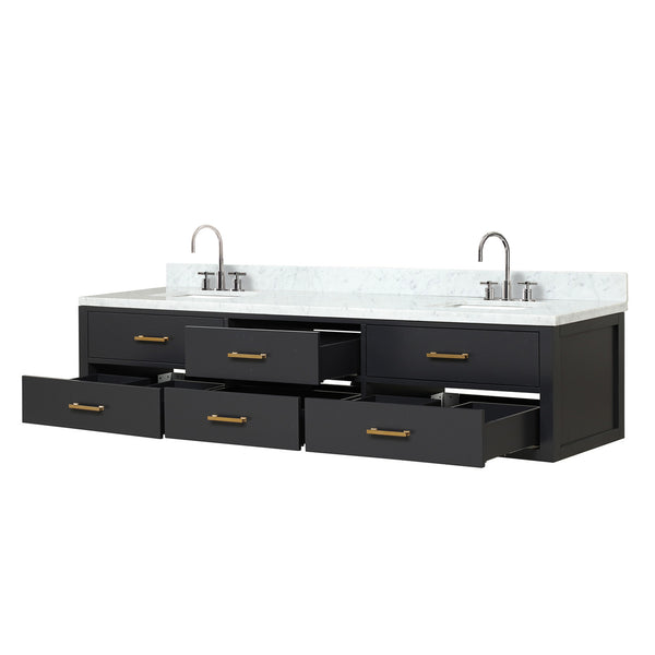 English Elm Black Double Bath Vanity 84" W x 22" D with Carrara Marble Top, Chrome Gooseneck Faucets, Soft-Close cabinetry B2731P258138