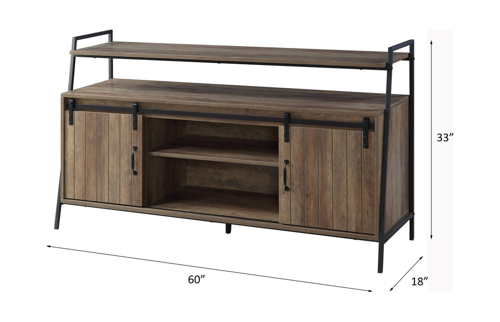 English Elm Rashawn Rustic Oak TV Stand with Black Frame, Sliding Barn Doors, 6 Compartments & Open Shelf B2726P256332