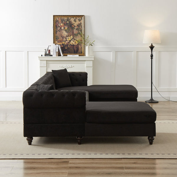 English Elm 135.5-inch Modern Chenille U-Shaped Sectional Sofa with Dual Chaise, Pull-Point Detail, Pillows, Wooden Legs Black W1926S00046