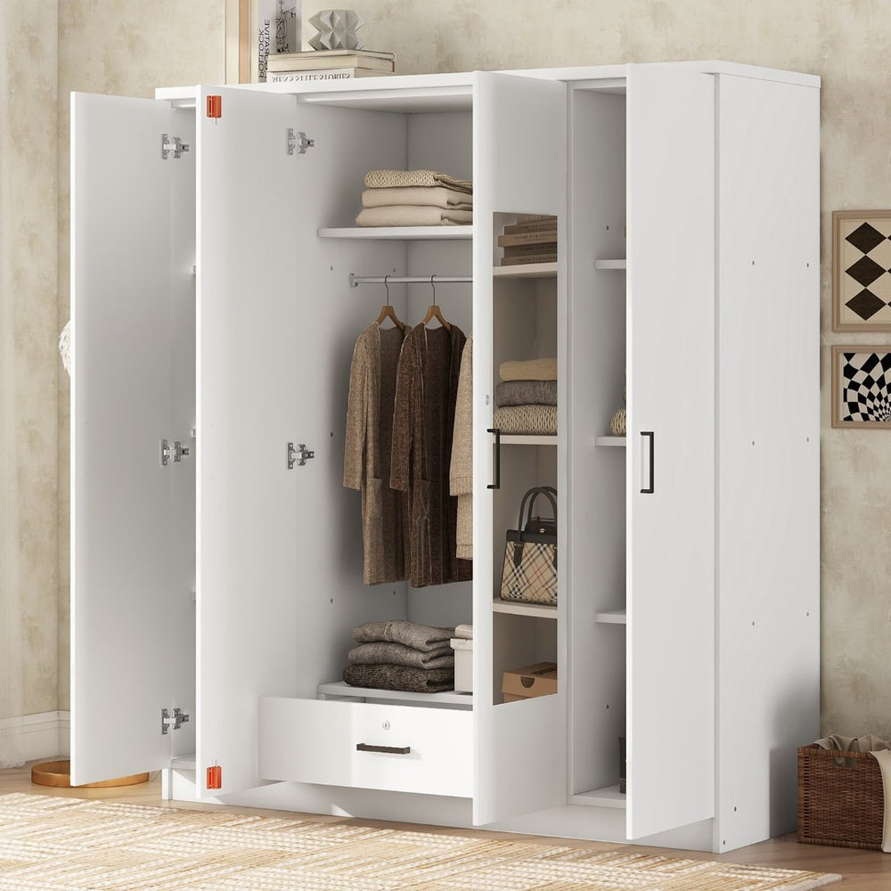 English Elm 4-door Mirrored Wardrobe White Mdf Armoire with Interior Shelves and Lockable Drawer LP006602AAK