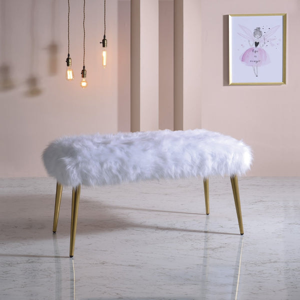 English Elm White Faux Fur And Gold Metal Bench - Modern Glam Accent For Entryway, Bedroom, Or Living Room B062P189115-GIGA