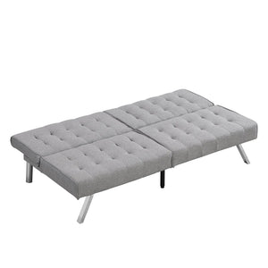 English Elm Wood Frame Futon Sofa Bed With Stainless Steel Legs - Grey Faux Linen, Space-Saving & Stylish Design W2297P247601-GIGA