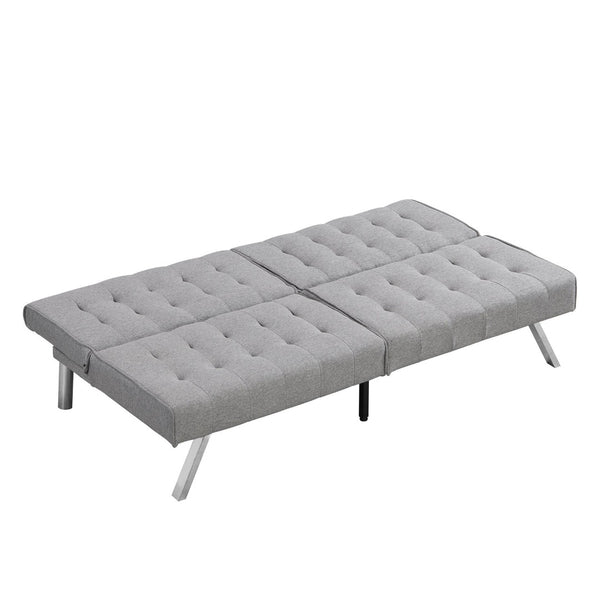 English Elm Wood Frame Futon Sofa Bed With Stainless Steel Legs - Grey Faux Linen, Space-Saving & Stylish Design W2297P247601-GIGA